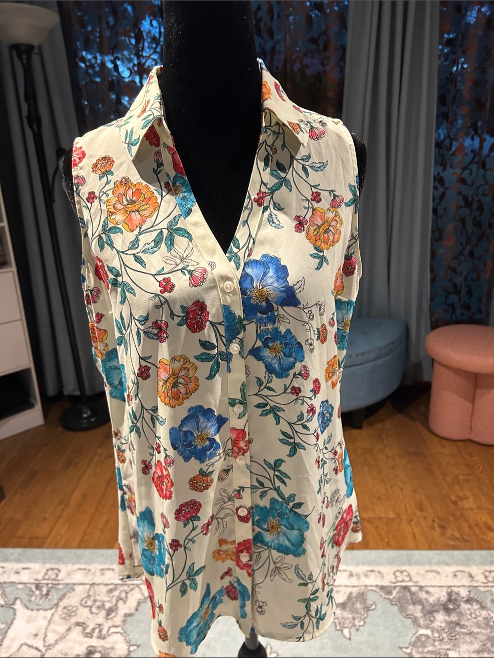 Express Cream Sleeveless Button-Front Top with Blue, Orange & Red Florals